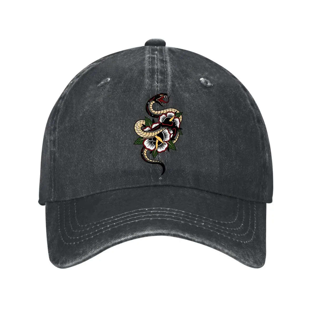 Vintage Black Snake Red Flower Tattoo Graphic New Vintage Washed Cotton Baseball Cap Sun Hats