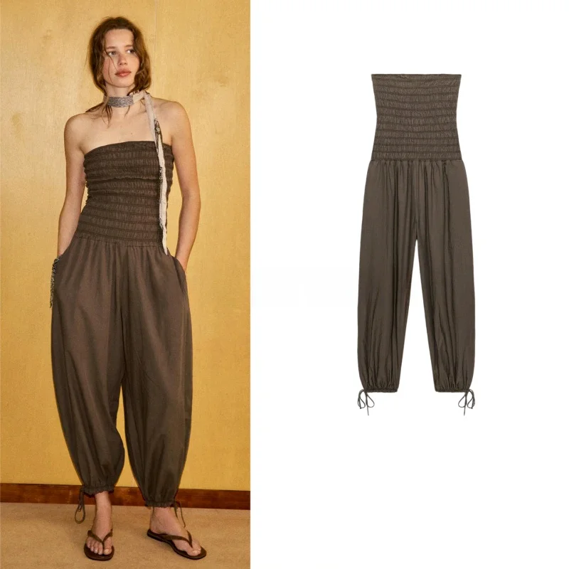 

Summer New Women's Romper Shoulder Bared Elastic Drawstring Pants Footfall Decoration Straight Collar Street Style High Waist...
