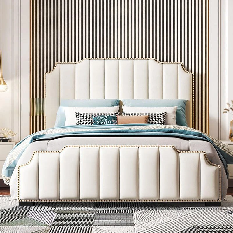 Modern Simple King Size Double Beds Luxury Lit 2 Personnes Moderne Disign White Leather House Bed Frame Queen Bedroom Furniture