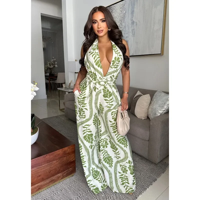 

GUWU Printed Vintage Sexy Deep V Neck Openback Wide Leg Women Jumpsuits Summer Beach Night Club One Piece Suit Rompesr