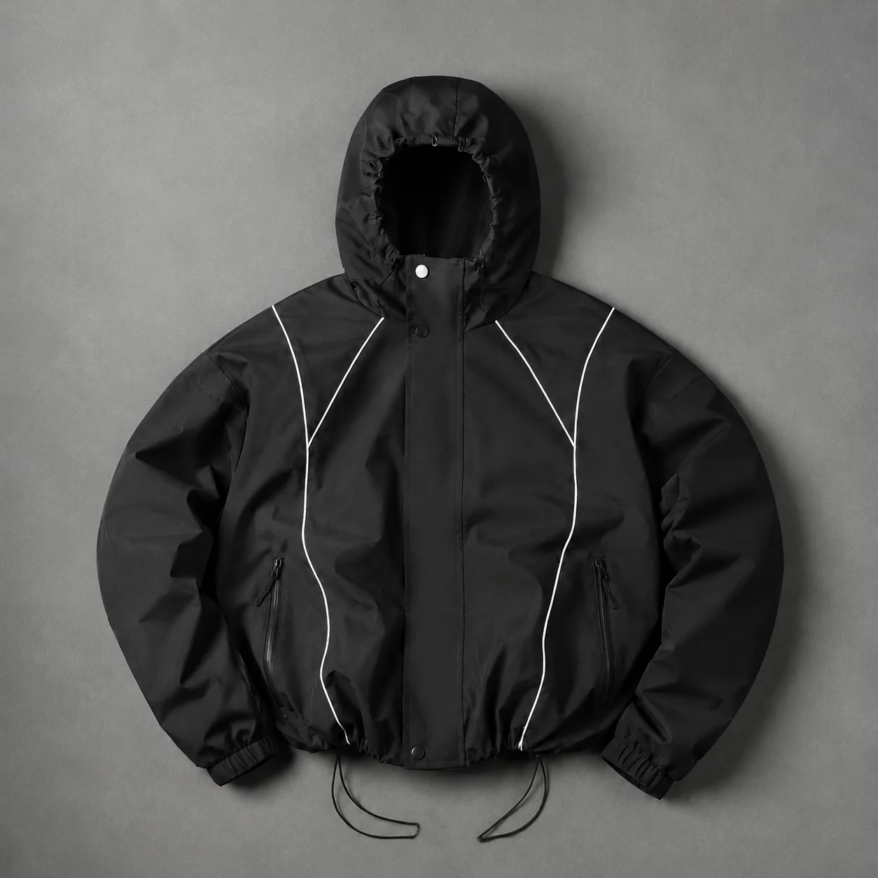 New Men Hooded Outdoor Windbreaker, White Line Decoration, Drawstring Hem & Adjustable Hood, Windproof Wear-resistant Fabric, Multi Colors, Loose Streetwear Autumn Winter Cargo Jacket