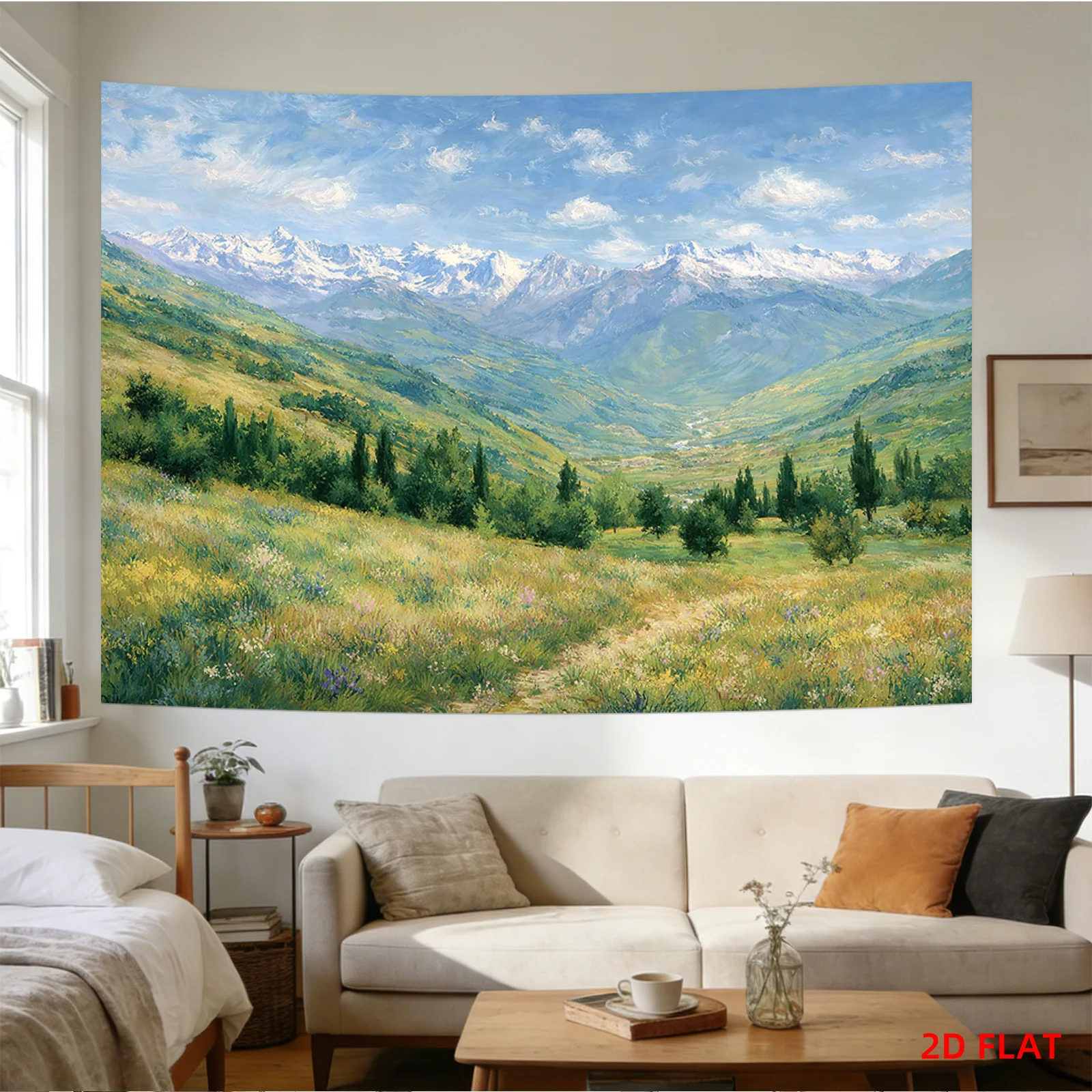 Mountain Valley Tapestry Polyester Wall Hanging Sunny Green Hills Snow Peaks Floral Fields Living Room 180x280cm