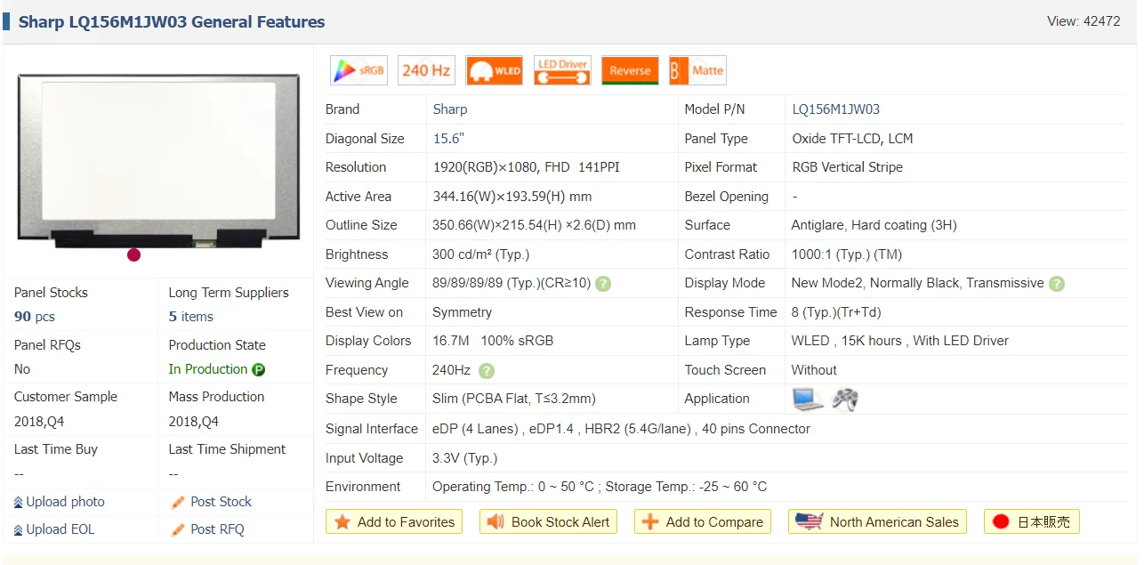 15.6 "240Hz Schermi LCD لكل دفتر LQ156M1JW03 لكل MSI GS65 SERIE 1920x1080 40