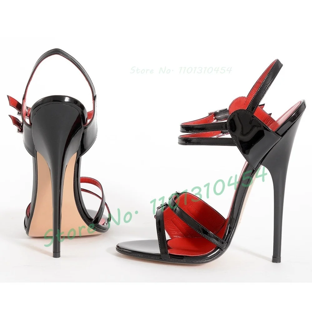 Multi Belt Buckles 16cm Sandals Sexy Women Super High Heels Plus Size Shoes Party Ankle Strap Black Patent Nightclub Sandals