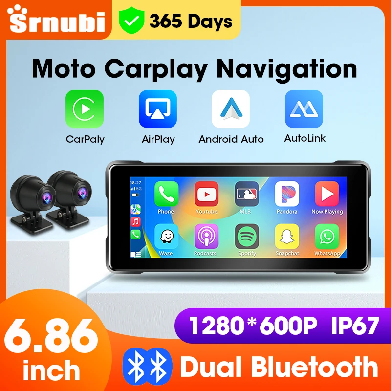 6.86 inch Motorcycle DVR Navigation CarPlay Camera Linux IP67 Waterproof Dual Bluetooth For Moto screen Wireless Android Auto