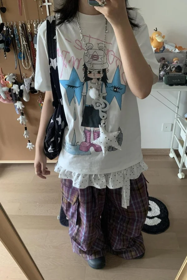 Japanese Hand-drawn Star Girl Short Sleeve T-shirt Women Summer New Arrival Subculture Loose Cute Top