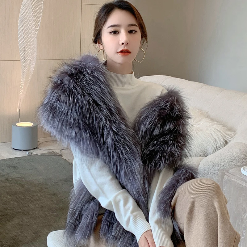 Fox Fur Scarf Luxury Big Fox Skin Scarf Natural Fox Fur Stole Genuine Fox Fur Shawl Pocket Fashion Evening Dress