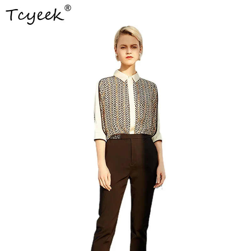 

Tcyeek 100%Real Silk Women Elegant Fashion Shirt 3/4 Sleeve Geometric Print Designed Office Lady Blouses Fall Spring T3D652QM