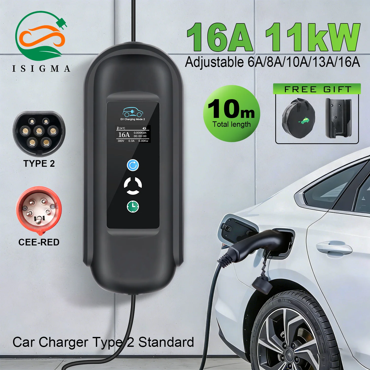 Caricatore Portatile per Veicoli Elettrici ISIGMA Tipo 2 11KW 16A IEC62196-2 EVSE con Spina CEE e Cavo da 10M per Auto PHEV