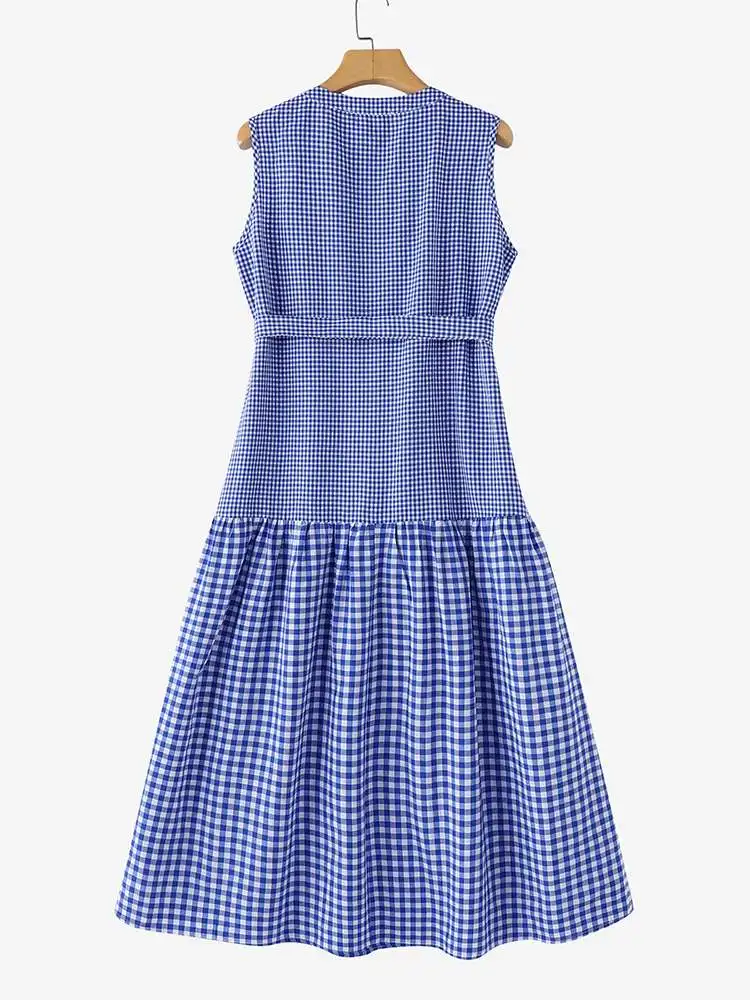 ZANZEA Women Summer Long Dress Fashion O-Neck Sleeveless Plaid Dress Holiday Beach Belted A Line Robes Casual 2025 Midi Sundress