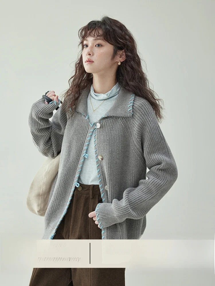 

AMUU Original North Island Loose Knitted Sweater Coat Women's Autumn Winter Outerwear Flip Collar Long Sve Warm Cardigan