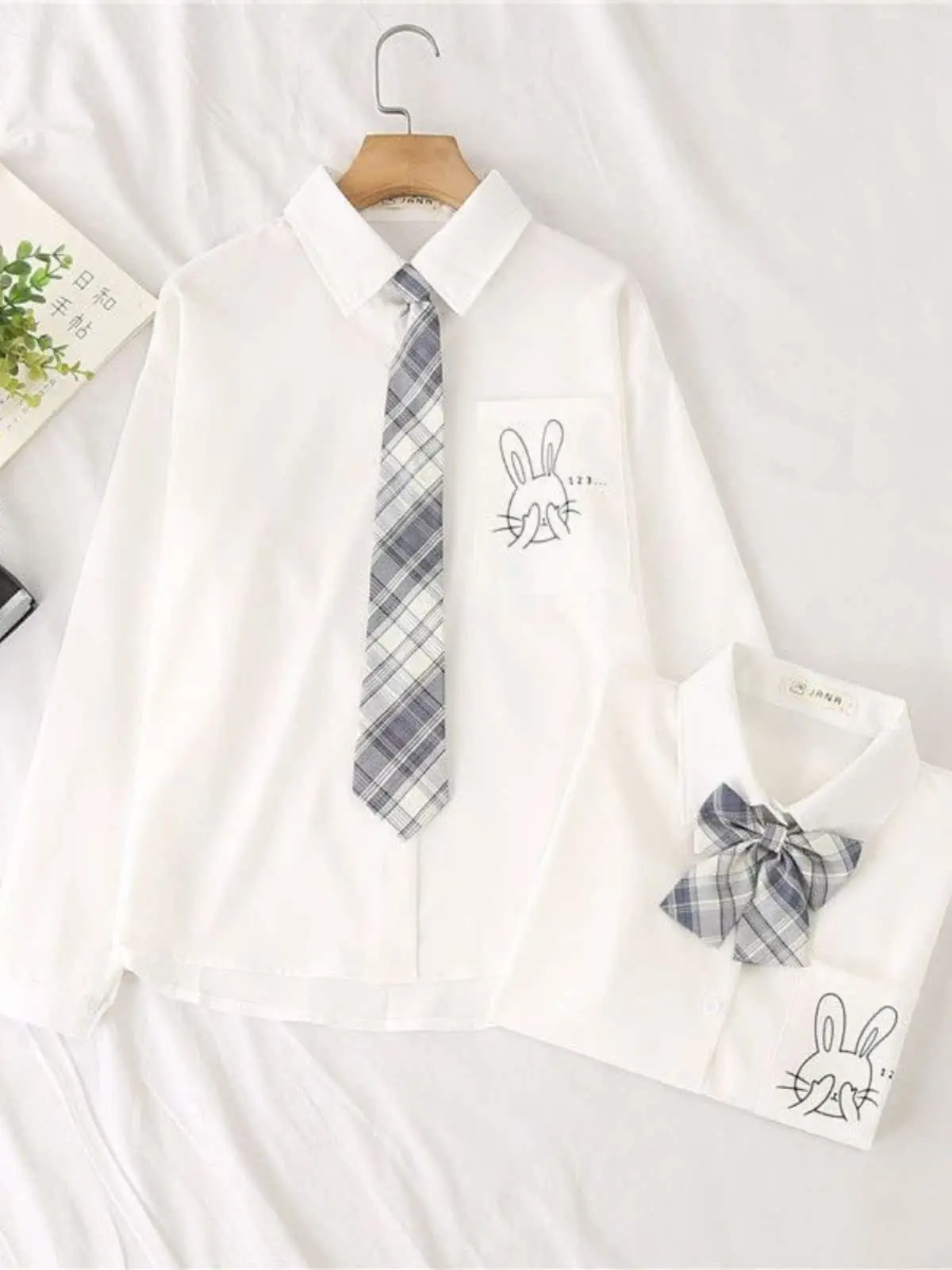 

College Style Knot Long Sleeve Shirt Outerwear Printed Design Sweet Style Loose Fit Spring Season Women's Shirt