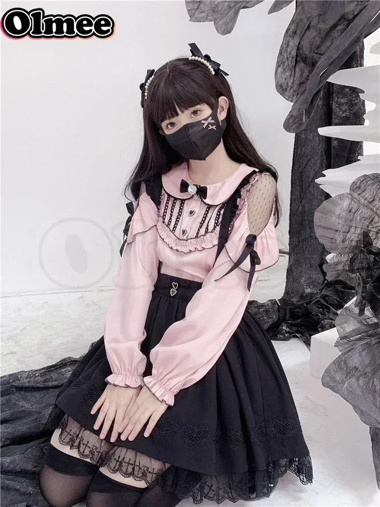 [Olmee] In Stock Jirai Kei Pink Shoulder Laciness Lace Shirt Japanese Lolita Mine Style Kawaii y2k Kawaii Sweet Bow Girly Belt