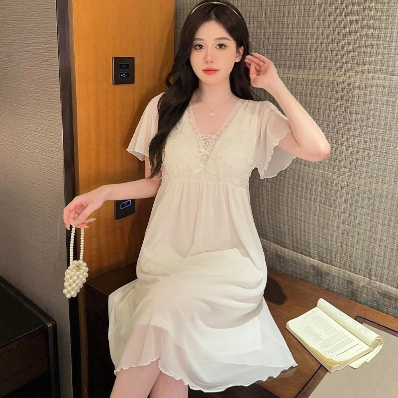 Sweet Lace Princess Short Sleeve Sexy V-neck Cotton Nightgown for Women Summer Cute Sleepwear Night Dress Nightdress Home Nighty