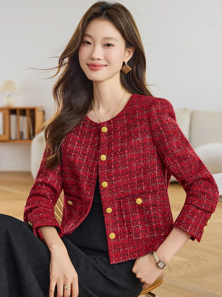 معطف قصير من الصوف الأحمر اللامع على الطراز الفرنسي للنساء سترة تويد منسوجة يدويًا للربيع