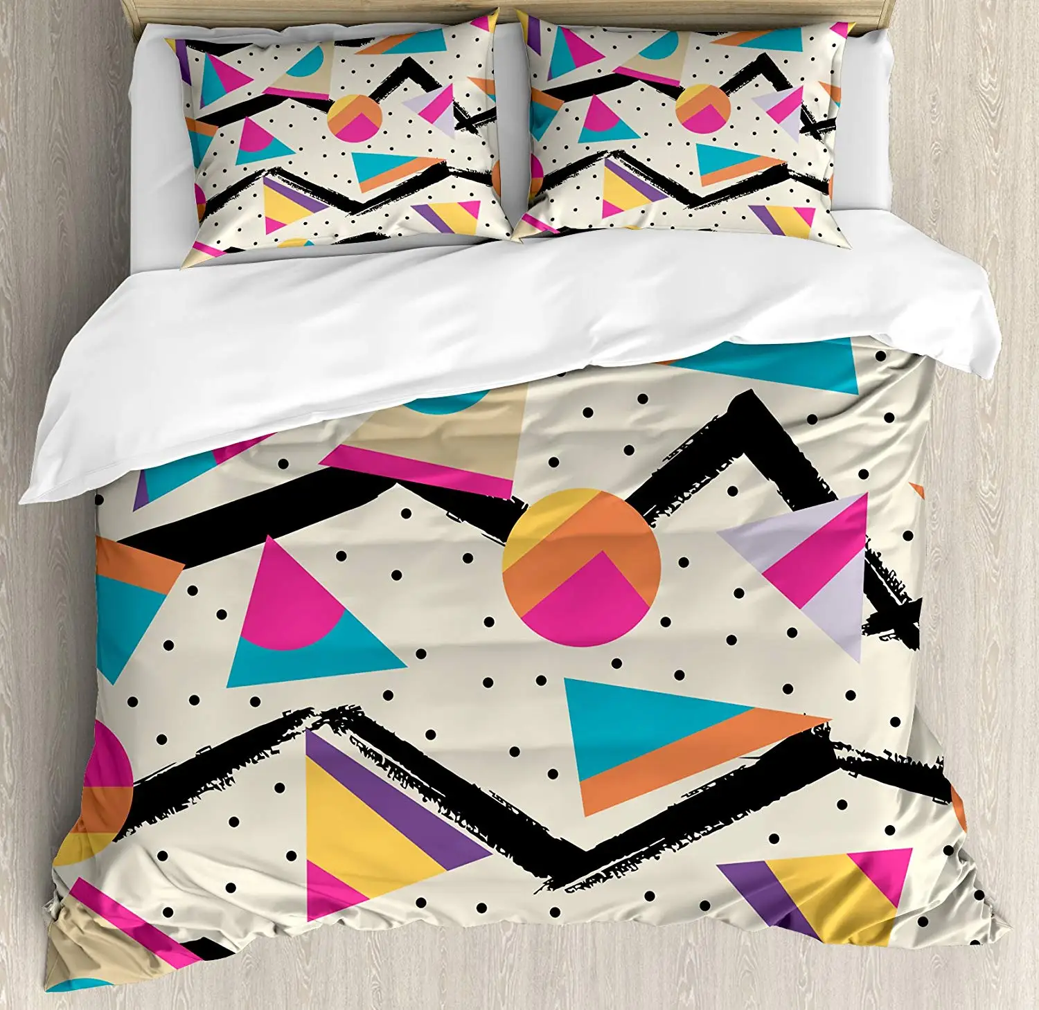 Indie Duvet Cover Set King Size Eighties Memphis Fashion Style Geometric Abstract Colorful Design with Dots Funky Decorative 4