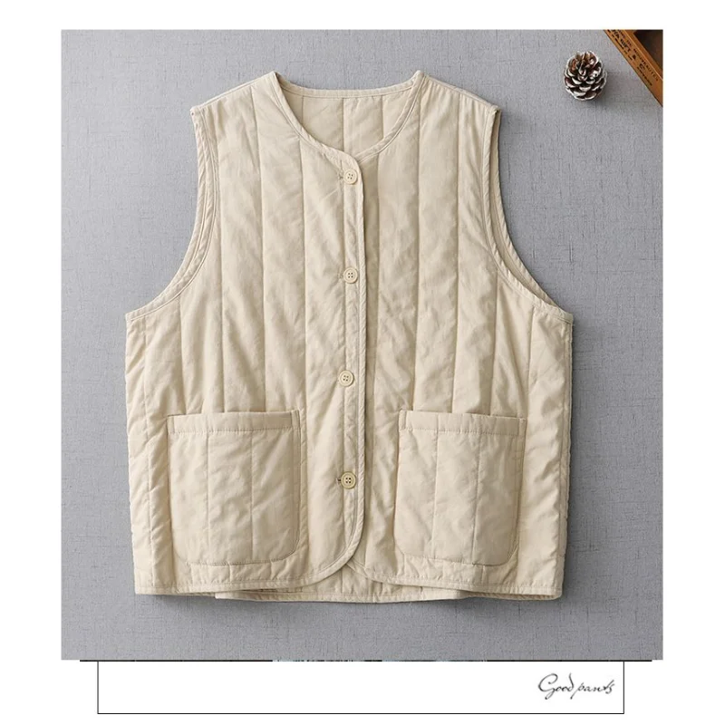 Gestreiftes, gestepptes Damen-Winter-Rundhals-Knopftaschen-Top, modisch, einfarbig, vielseitig, lässig, ärmellos