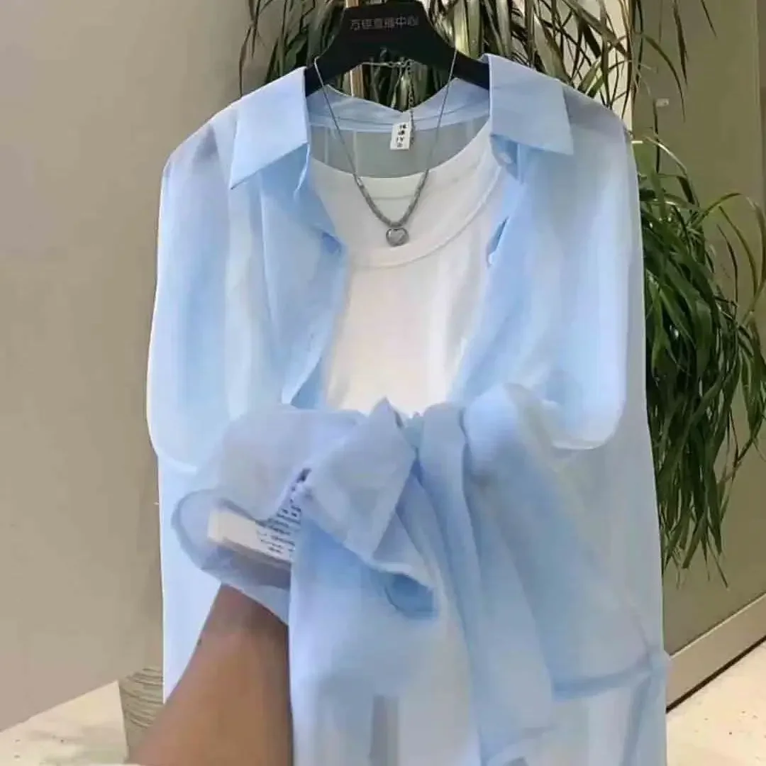 Shiny Pearlescent Chiffon Long-sleeved Sunscreen Shirt Women's Spring and Summer Loose Versatile Shirt Air-conditioning Shirt