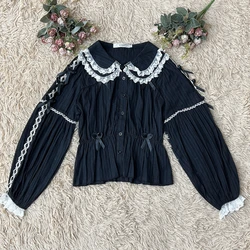 Sweet Lolita Blouse Girls Cute Bow Lace Peter Pan Collar Long Sleeve Shirts Tops Black High Waist Slim Woman Blouses 2022 Autumn