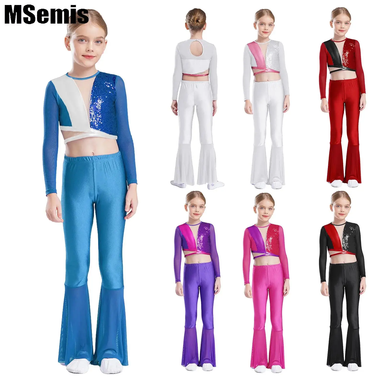 

Kids Girls Patchwork Dance Outfit Long Sleeve Metallic Sequins Crop Top with Sheer Mesh Bell-Bottom Pants