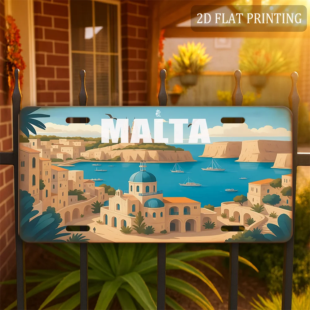 2D Flat,, 1pc, 2D Flat, Only for Decoration, Vintage Metal - Malta Plate (30.48cm X15.24cm), Mediterranean Island Landscape Vint