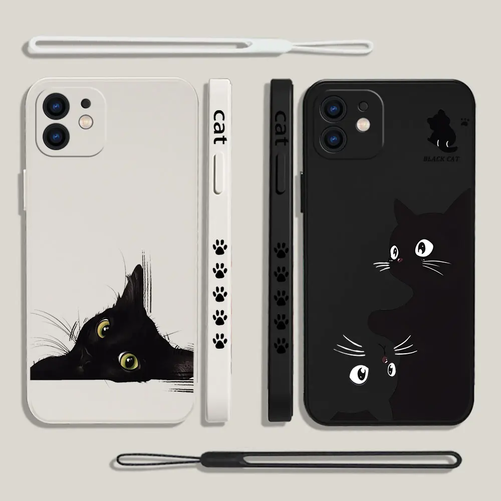 Black Cat Cartoon Fashion Phone Case for Oneplus Nord 3 2 9R 9 8T 8 7 7T Pro 6 5G Liquid Silicone Cover with Hand Strap