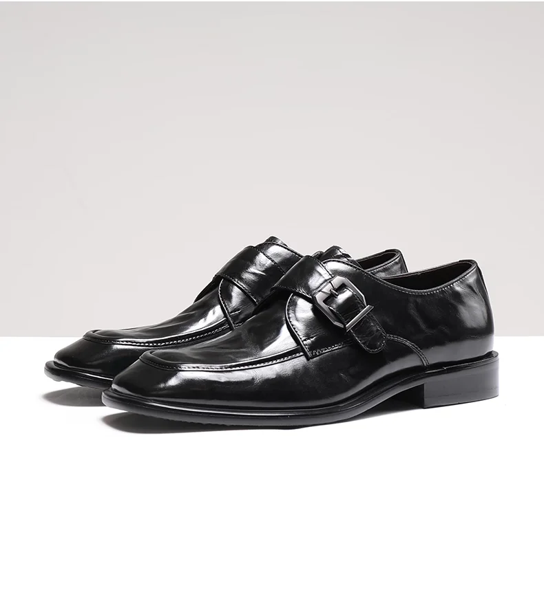 Men's Black Square Toe Monk Strap Dress Shoes Genuine Leather Buckle Formal Business Office Wedding Loafers Casual Slip On Leath