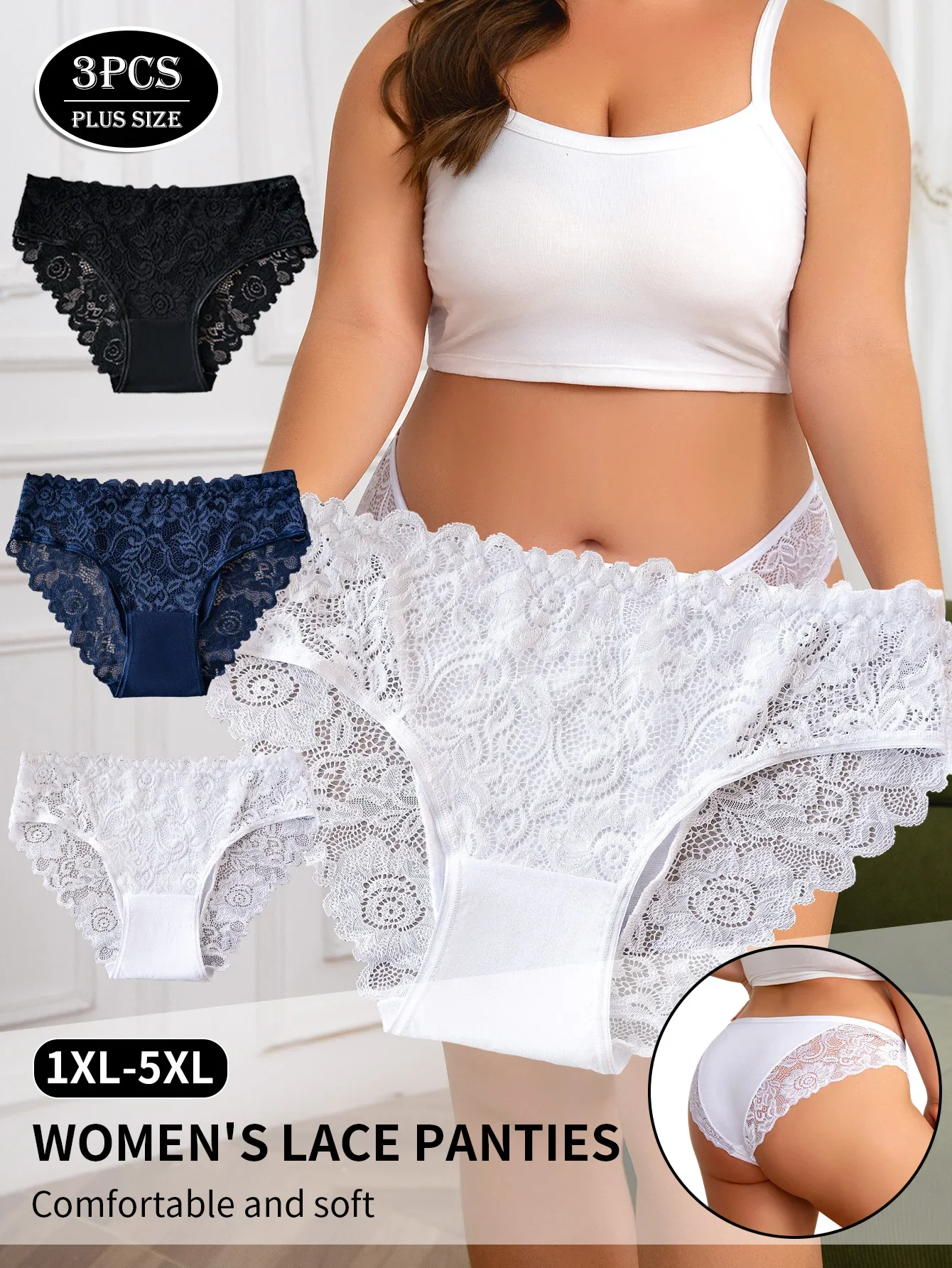 3pcs Plus-Size Women's Underwear Elegant Sexy Hollow Out Floral Lace Panties Solid Color Briefs High Quality Lingerie Hot Sales