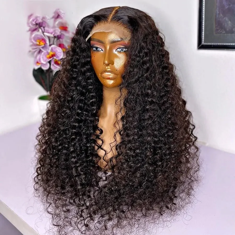 

26Inch 180Density Natural Black Kinky Curly Glueless Heat Resistant Preplucked Lace Front Wig For Black Women BabyHair Daily