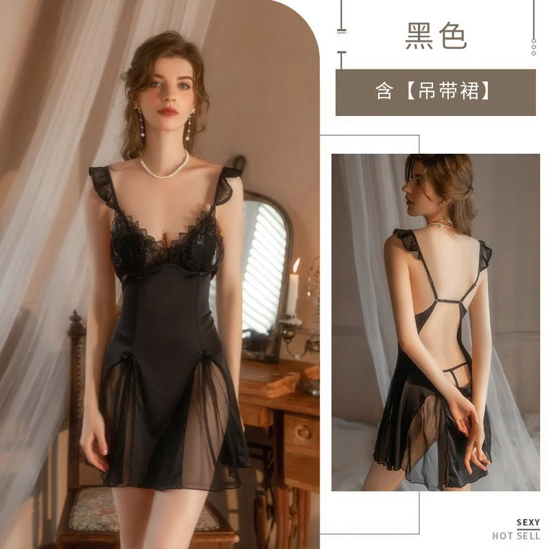 French sexy pure desire ice silk suspender sleepwear women's perspective high-end feeling chest cushion thin nightgown home wear
