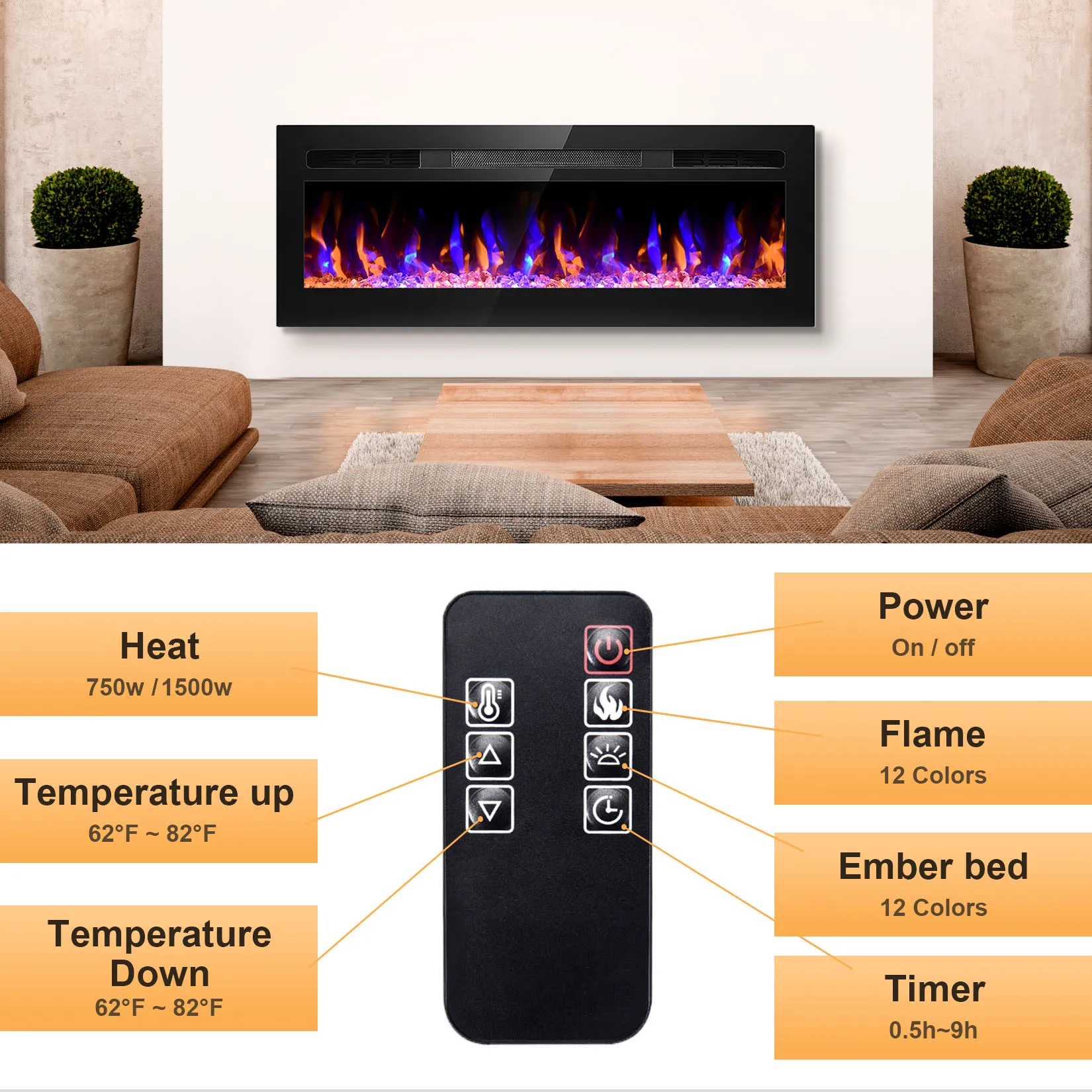 31inch Electric Fireplace Heater with Timer Insert Wall Mounted Adjustable 12 Flame Remote Control 750/1500W Heater Dropship