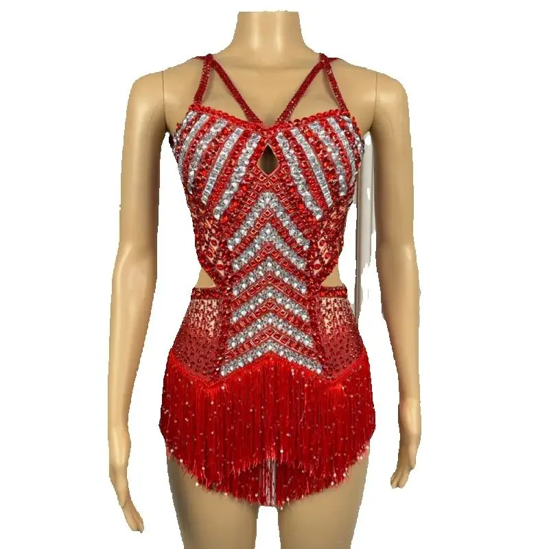 ドラッグクイーン衣装女性グループジャズダンス衣装赤いラインストーンフリンジボディスーツナイトクラブ Ds Dj パーティードレスゴーゴー着用 XS9519