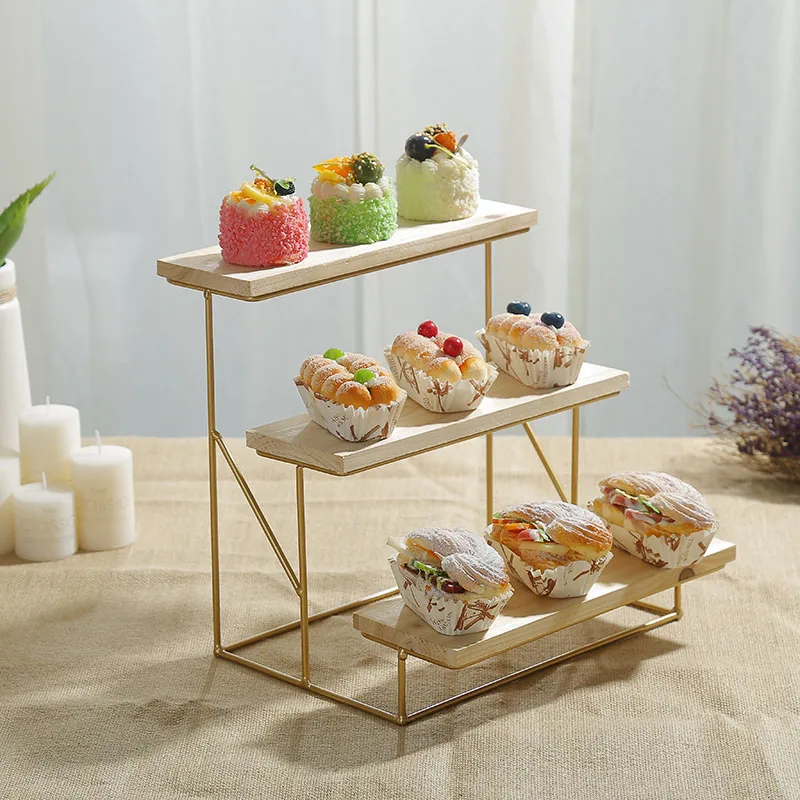 European-style wooden three-tier ladder dessert table wedding decoration birthday Mori wrought iron cake display rack