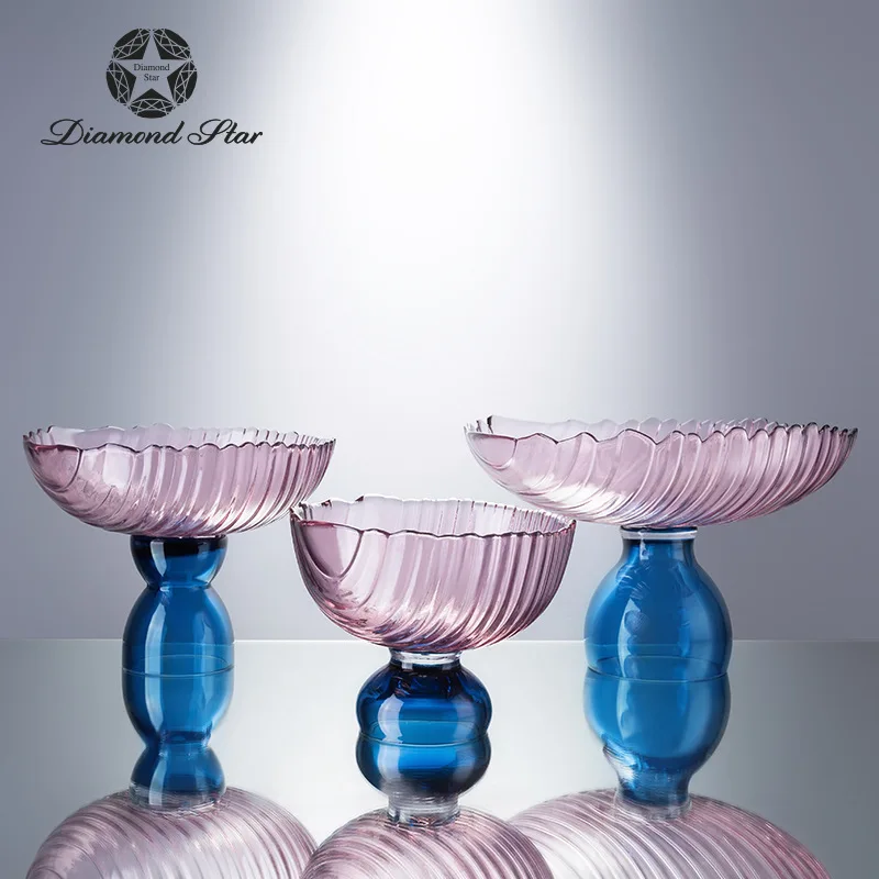 CX modern simple pink and blue contrasting colors color vertical pattern high foot large diameter glass storage fruit plate