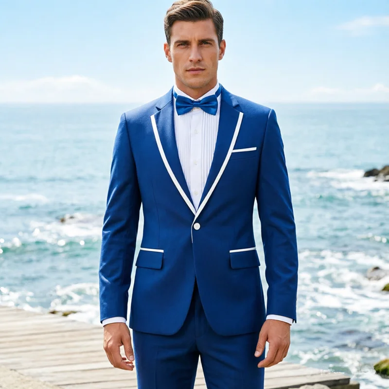 New Men Patchwork Suit 2 Piece Red / Blue / White Fashion Mens Wedding Blazers and Trousers