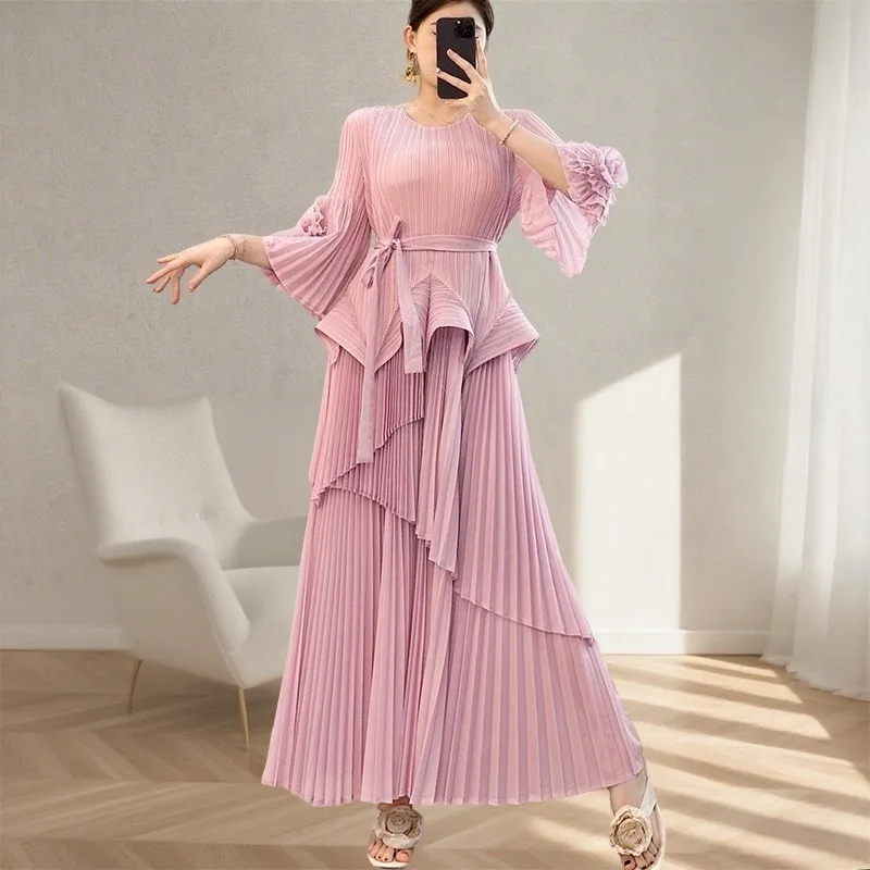 

Miyake осенний новый топ с длинными рукавами, французский легкий роскошный элегантный модный тонкий эластичный костюм с длинной юбкой, женский костюм на Ближнем Востоке, большой размер