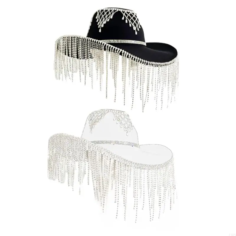 

P88B Female Rhinestones Tassels Cowgirl Summer Music Festival Hat Street