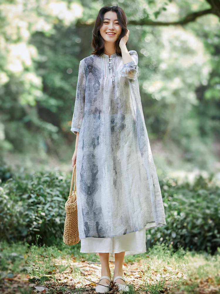 Novedad de verano, vestido holgado de ramio para mujer, vestido fino Retro elegante de longitud media con estampado de algodón y lino N748
