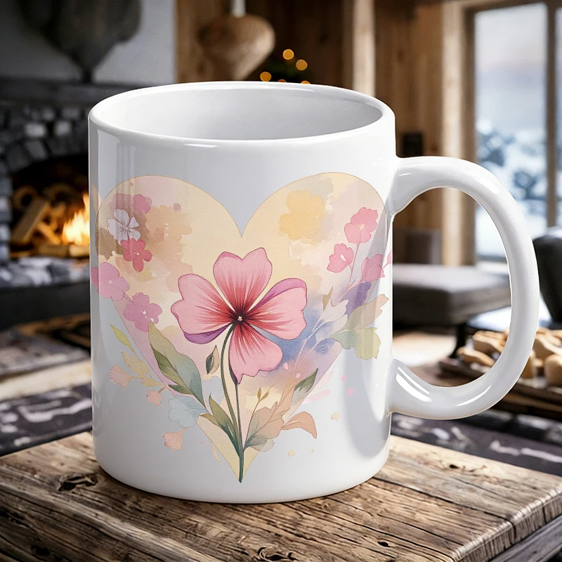 Watercolor Floral Heart Ceramic Mug, Coffee Cup, Milk Cup, Office Tea Cup, Drinking Cup, Fade-Resistant, Gift for Friends