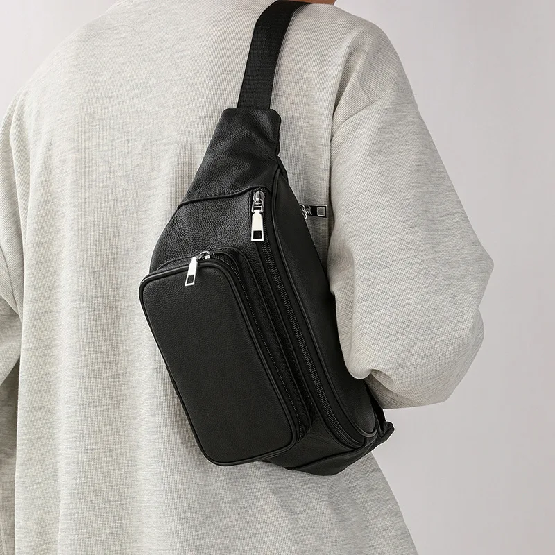 Genuine leather men's waist bag with multiple pockets, large capacity crossbody bag and cycling chest bag