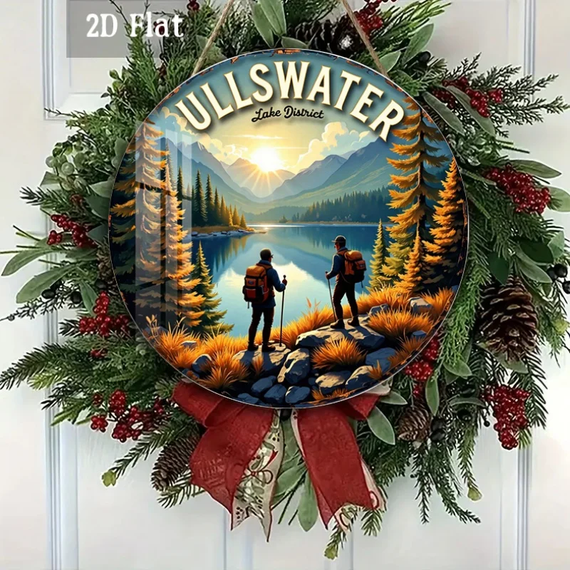 2D Flat - 1pc Round Panel Artwork Depicting a Sunset Hike, Perfect for Wall Decoration in Serene Lake Settings. Ideal for Enhanc