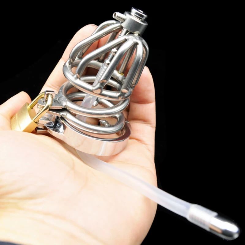 New Stainless Steel Cock Cage Penis Ring Lock With Urethral Sounds Catheter And Spike Ring Chastity Cage Sex Toys For Men Adult