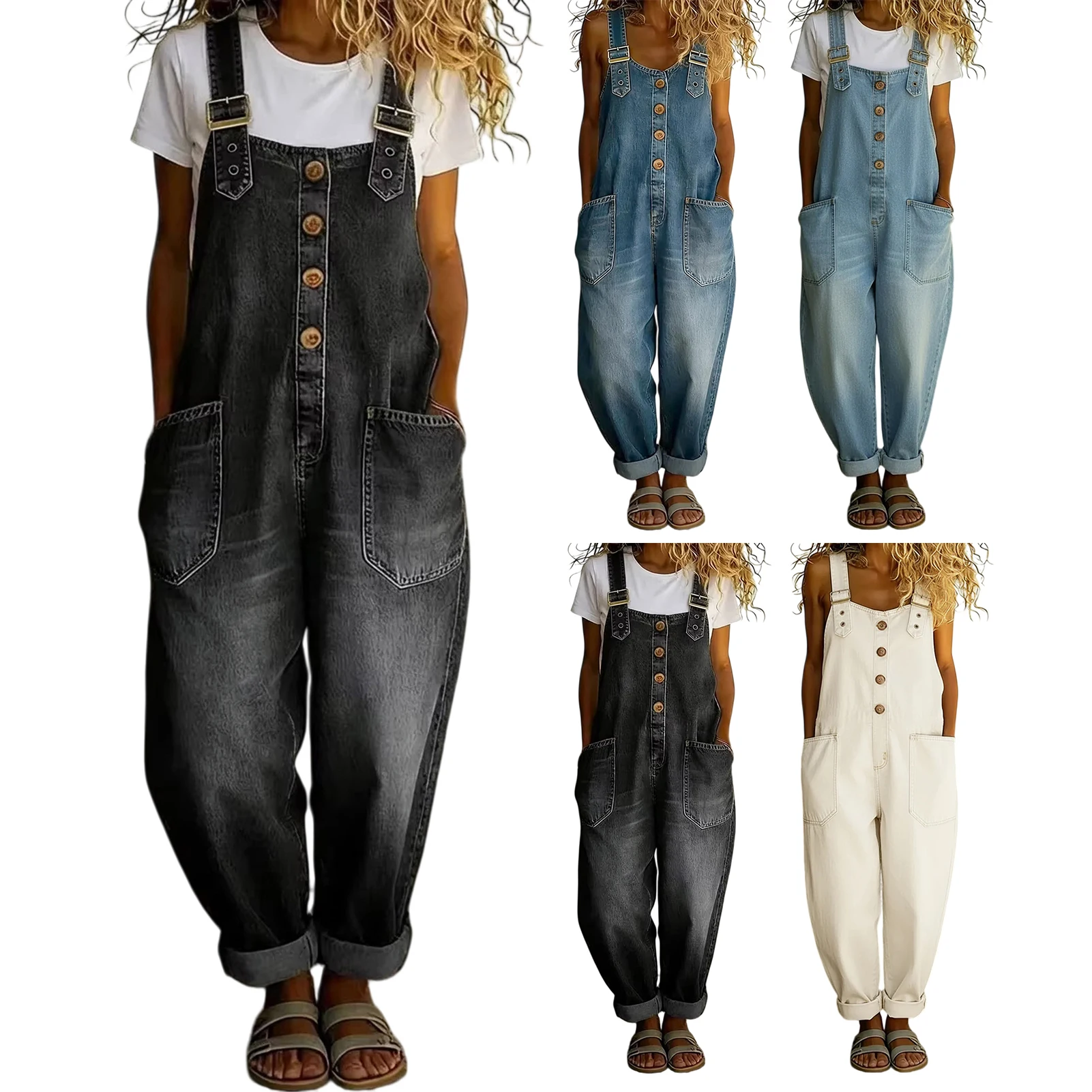 

Denim Overalls for Women Loose Fit Classic Bib Casual Jean Denim Overall Jumpsuit Tapered Leg Jean Pants with Front Heart Pocket
