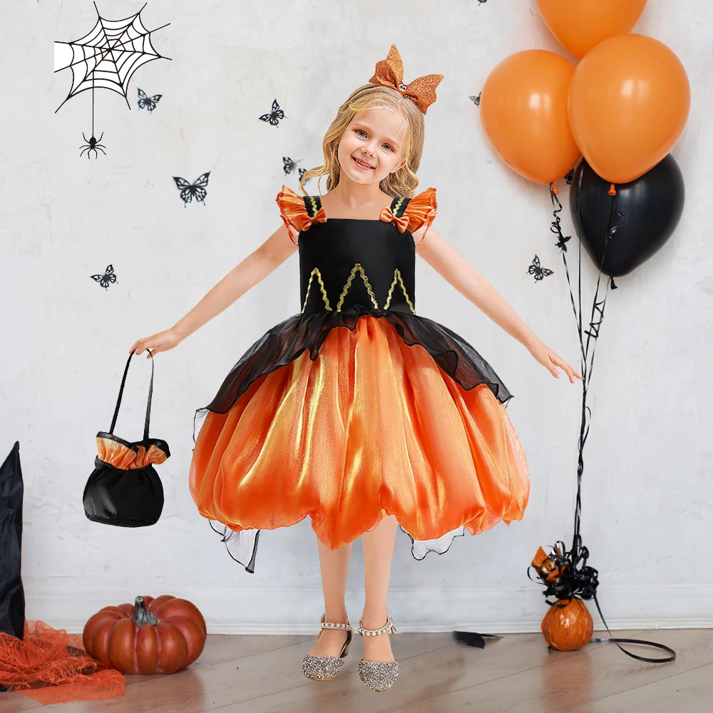 Kids Orange Halloween Dress For Girls Children Cosplay Costume Puffy Birthday Princess Dresses Fancy Carnival Party Ball Gown