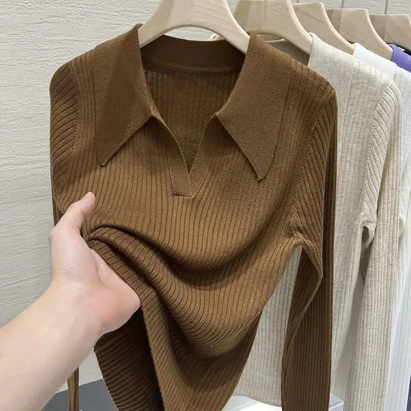 Polo Collar Slim Long Sleeve Knitted Tops Women Spring Autumn Pullover Sweater Women Solid Color Basic Loose Women Sweater N501