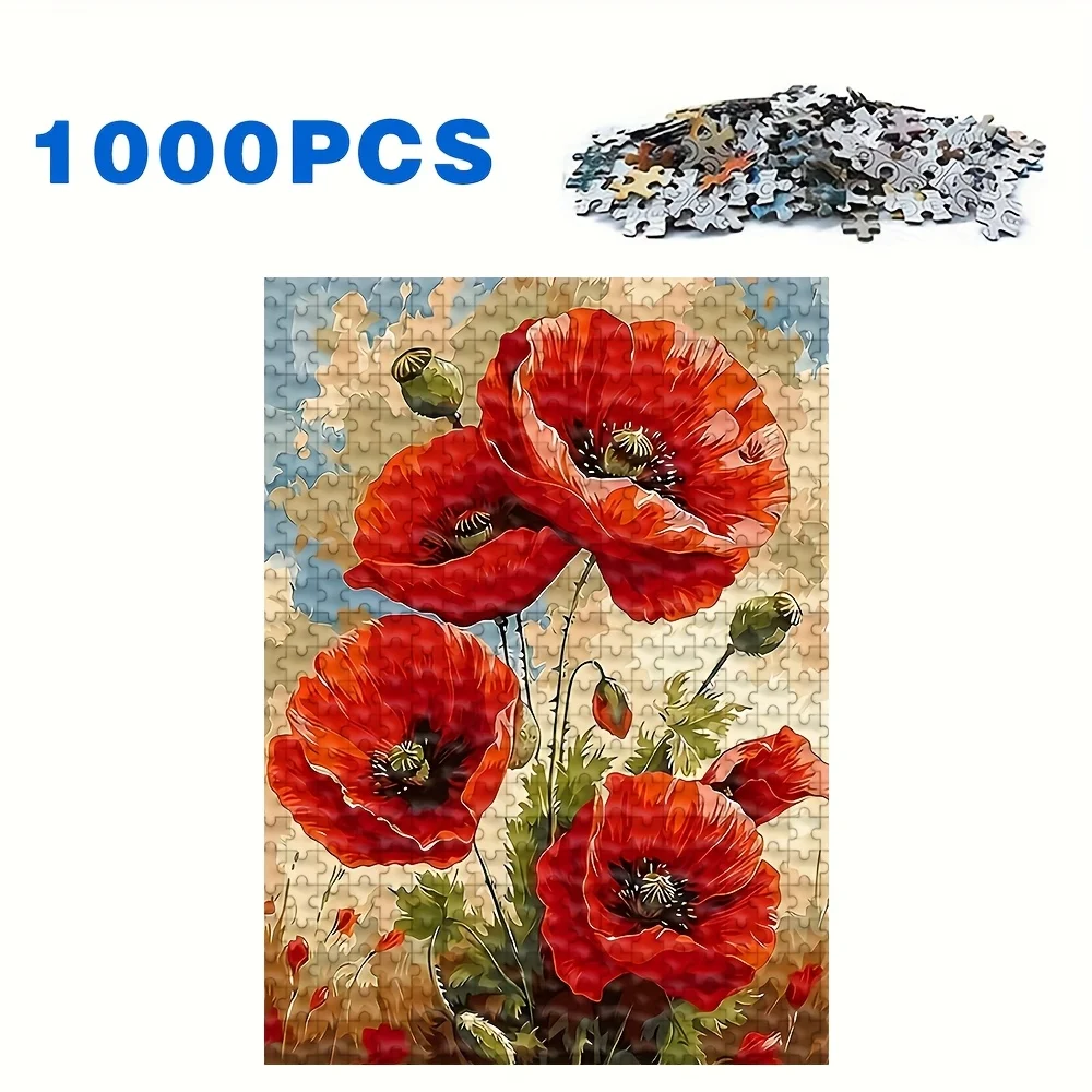 500/1000 قطعة لغز كبير للبالغين - حقل زهرة الخشخاش الأحمر والخشخاش الأبيض مع النحل، قطع تشيعة المكعب 5D/6D، #3