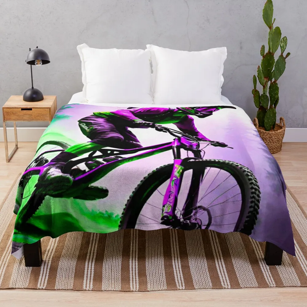 Thrill Seeker: MTB Rider in Purple and Green Downhill Dash Throw Blanket Hairy manga Soft Beds Decorative Sofa Blankets