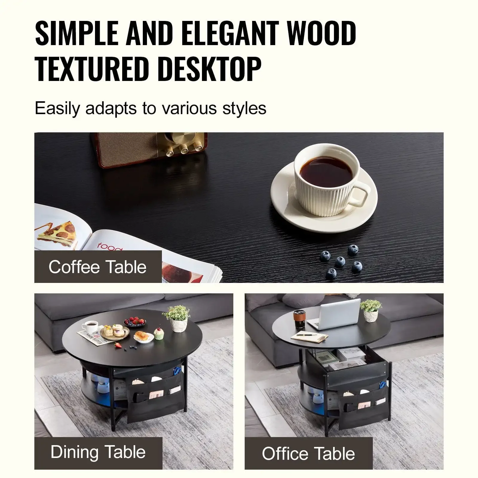 Mesa de centro elevatória 35,3" mesa de centro redonda para sala de estar preta