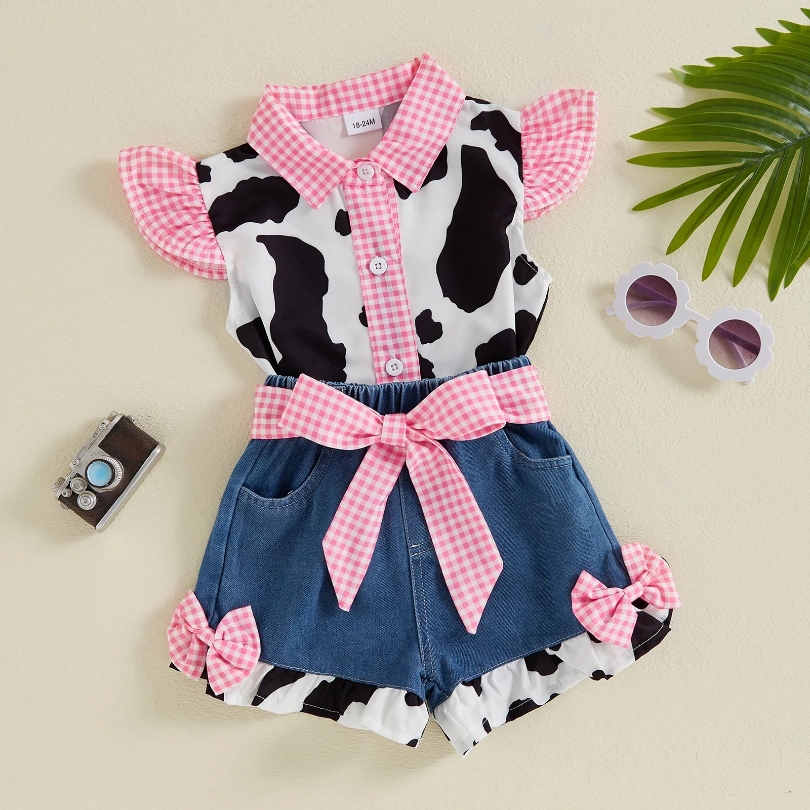 Baby Girl 2Pcs Summer Outfits Fly Sleeve Cow Print Button Shirt + Denim Shorts Set Toddler Clothes