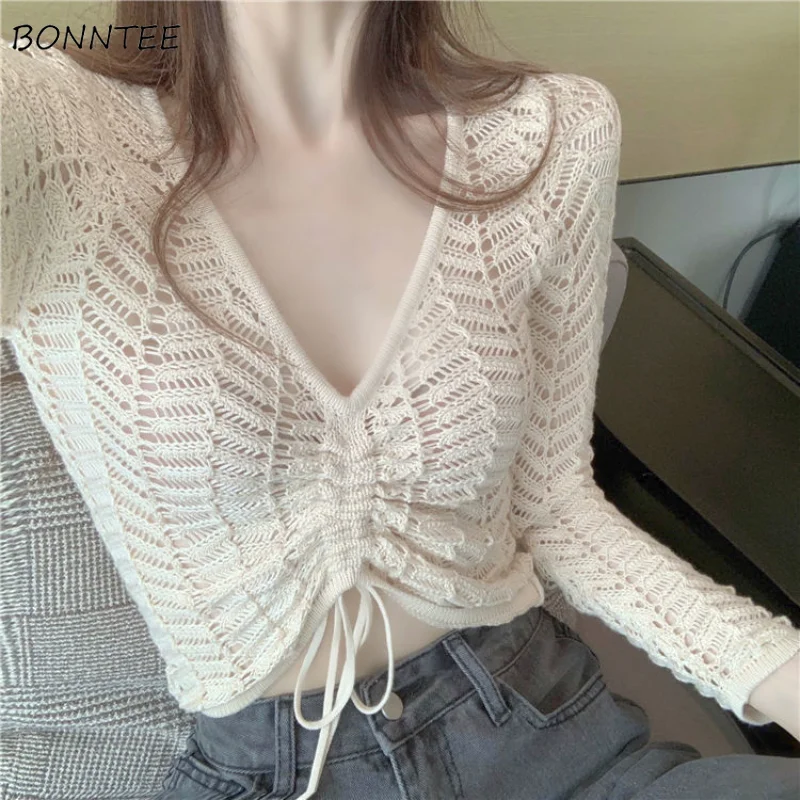 Hollow Out Pullovers Women V-neck Shirring See Through Knitting Sweater Spring New Arrival Cropped Thin BF Navel Sexy Clothing